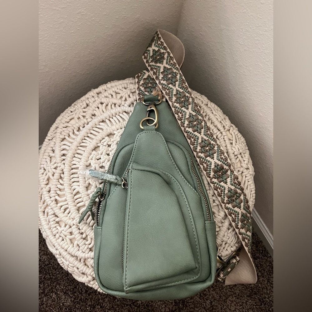New Sage Green Sling Bag with Patterned Strap
